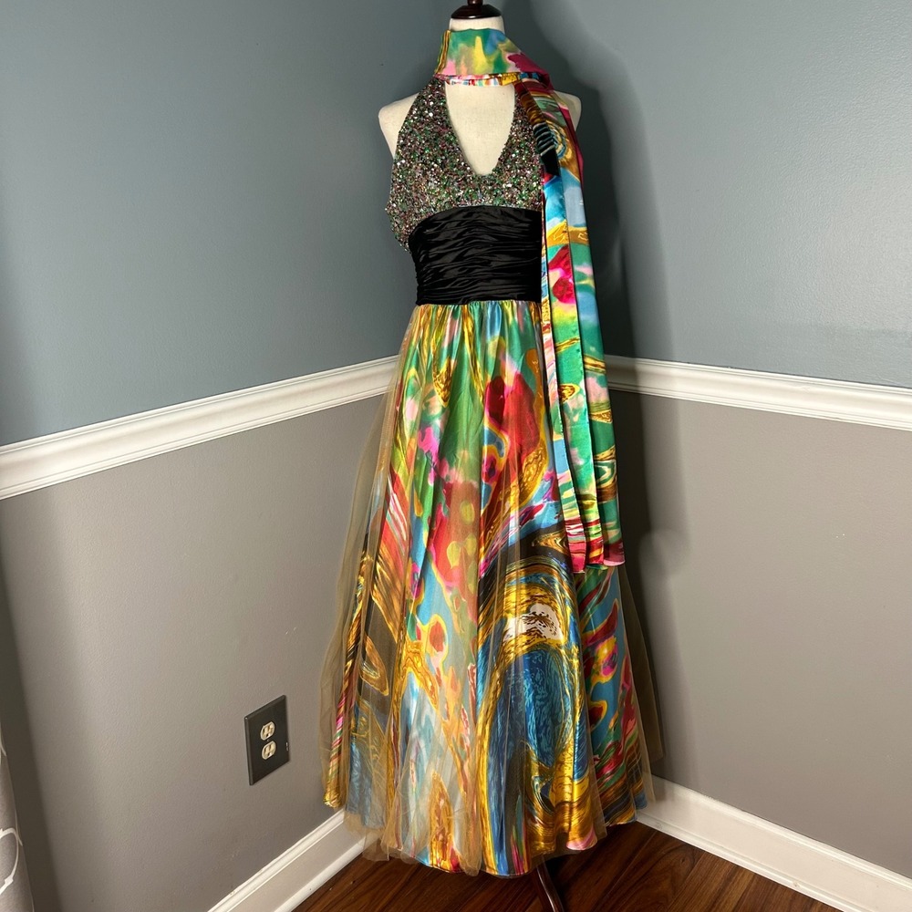 Cinderella Divine Halter Gown Sequin‎ Beaded Abstract art Print Prom Dress Y2K
